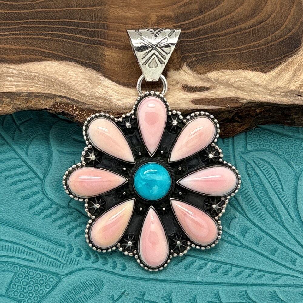 ZIA Southwest Style Sterling Silver Pink Conch Shell Flower Pendant Blue Center